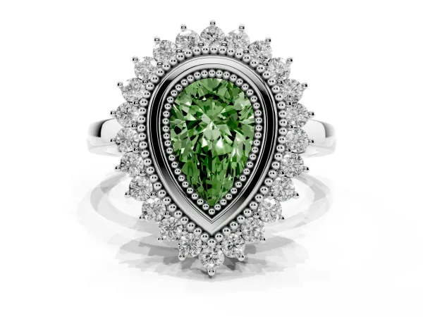 Fancy Green Pear Cut Halo Diamond Ring with Milgrain Edge and Round Prong Setting White gold