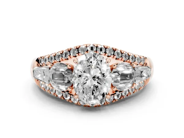 Three-Stone Oval Cut Diamond Engagement Ring with Pave Band and Prong Setting Rose gold
