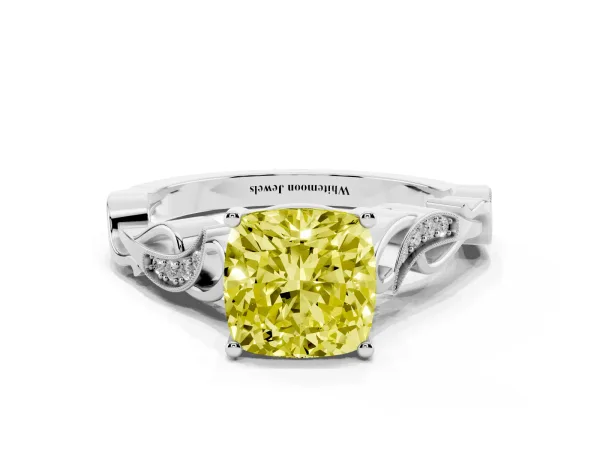 Fancy Yellow Cushion Cut Solitaire Vine Band with Milgrain Prong Setting White gold