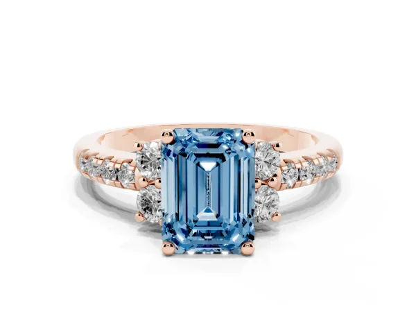 Fancy Blue Emerald Cut Diamond Three-Stone Pave Band with Four-Prong Setting Rose gold