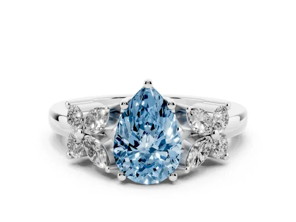 Fancy Blue Pear Cut Diamond Floral Cluster Ring with Solitaire Band and Prong Setting White gold