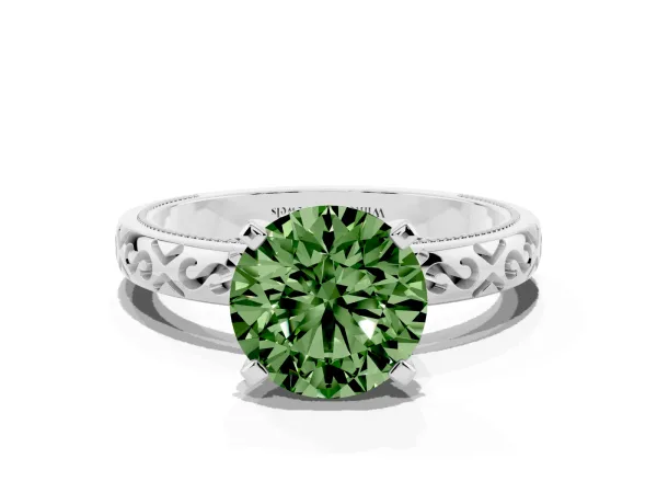 Fancy Green Round Cut Solitaire Engagement Ring with Scrollwork Band and Four-Prong Setting White gold