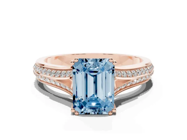 Fancy Blue Emerald Cut Diamond Split Shank Engagement Ring with Pavé Band Rose gold