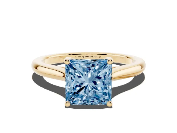 Fancy Blue Princess Cut Cut Solitaire Ring with Cathedral Band and Four-Prong Setting Yellow gold