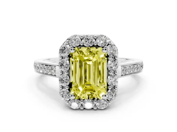 Fancy Yellow Emerald Cut Diamond Floral Halo Ring with Pavé Band and Prong Setting White gold