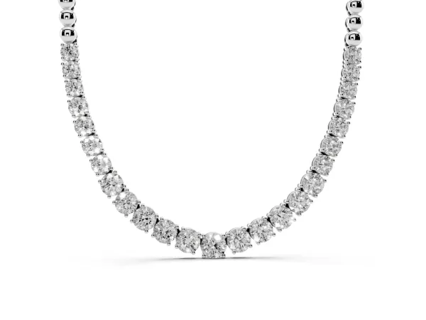 Round Diamond Tennis Necklace with Prong Setting and Bead Chain Silver