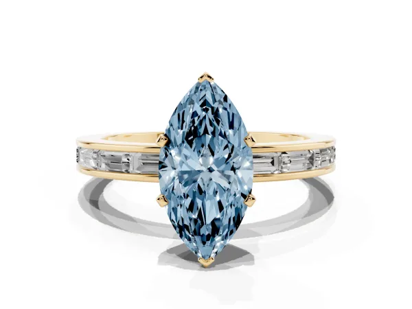 Fancy Blue Marquise Cut Solitaire Diamond Ring with Channel-Set Baguette Band and Four-Prong Setting Yellow gold
