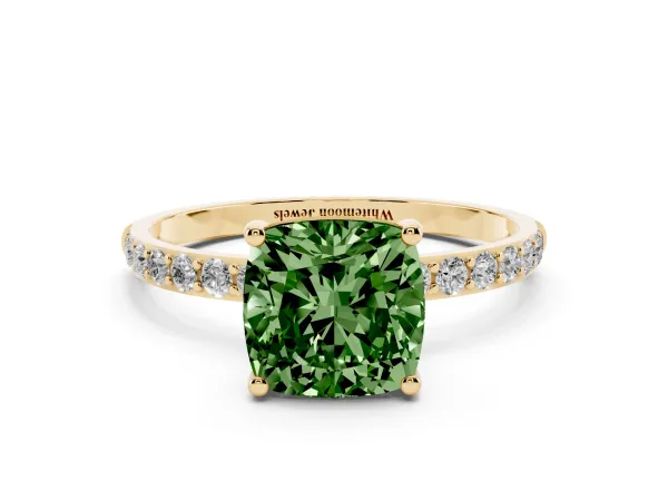 Fancy Green Cushion Cut Diamond Solitaire Ring with Round Pavé Shoulders and Prong Setting Yellow gold