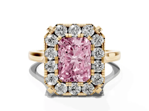 Fancy Pink Radiant Cut Diamond Cluster Halo Solitaire with Four-Prong Setting Yellow gold