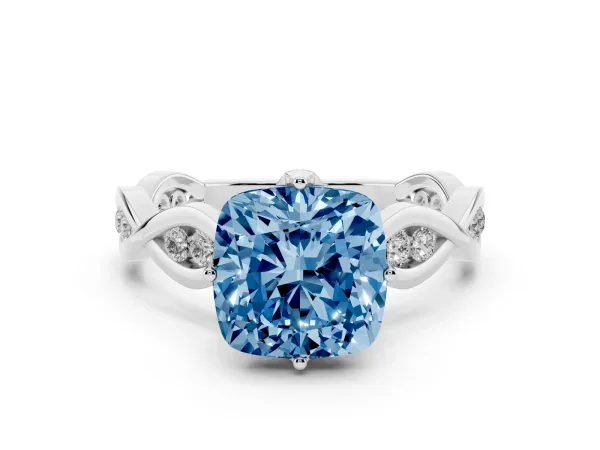 Fancy Blue Cushion Cut Solitaire Twist Band with Leaf Prong Setting Platinum