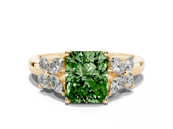 Fancy Green Radiant Cut Diamond Floral Cluster Ring with Solitaire Band and Prong Setting Yellow gold