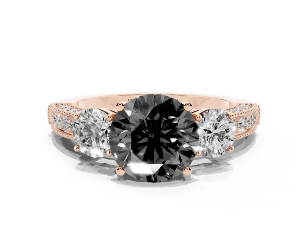 Fancy Black Round Cut Three-Stone Diamond Ring with Pavé Band and Four-Prong Setting Rose gold