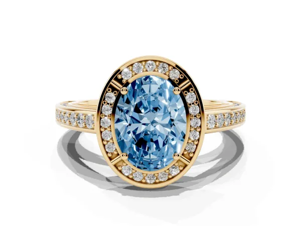 Fancy Blue Oval Cut Cut Halo Pave Split Shank Prong Setting Ring Yellow gold