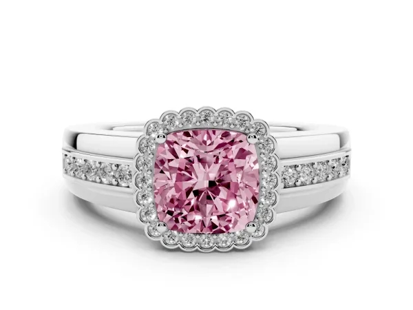 Fancy Pink Cushion Cut Cut Halo Pave Band Four-Prong Ring White gold