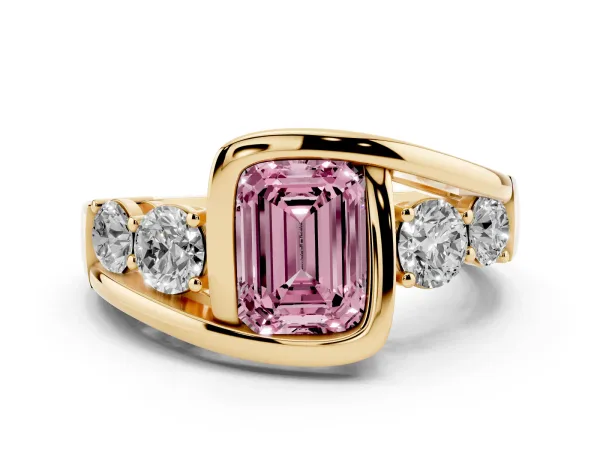 Fancy Pink Bezel Set Emerald Cut Diamond Bypass Ring with Round Accents Yellow gold