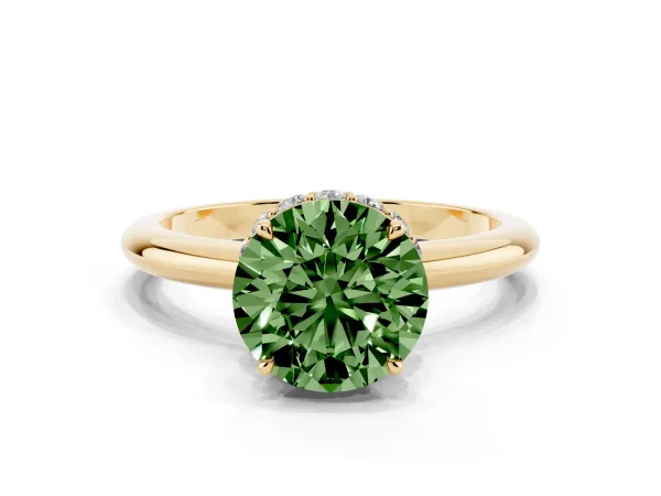 Fancy Green Round Cut Brilliant Solitaire Engagement Ring with Six-Prong Setting and Classic Band Yellow gold