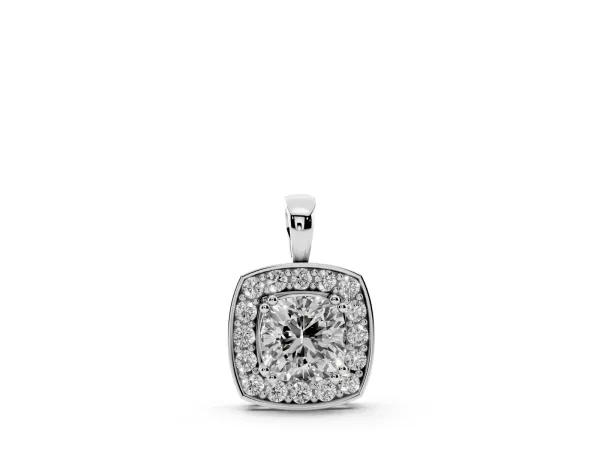 Cushion Halo Pendant with Round Diamond and Four-Prong Setting White gold