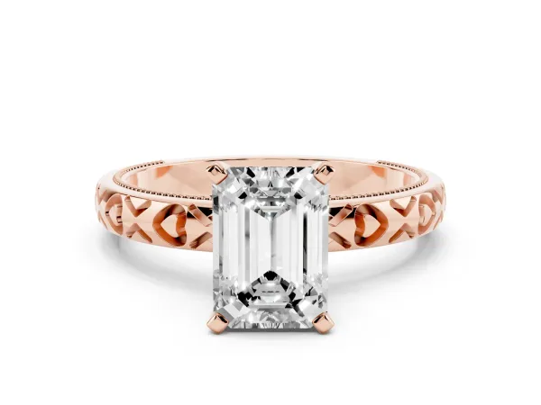 Emerald Cut Solitaire Diamond Engagement Ring with XO Engraved Band and Four-Prong Setting Rose gold