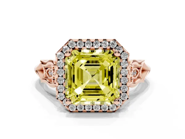Fancy Yellow Asscher Cut Halo Diamond Engagement Ring with Filigree Band and Four-Prong Setting Rose gold