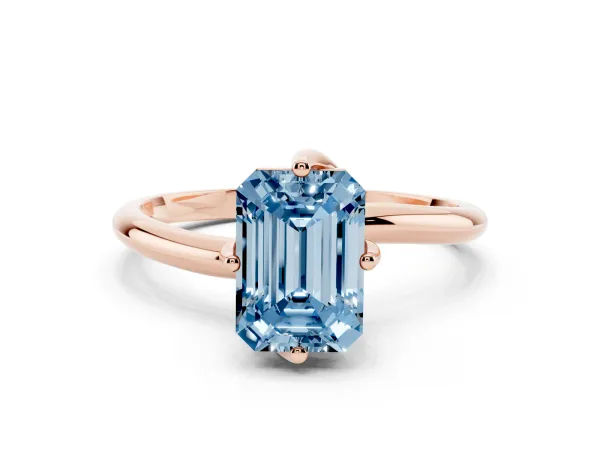 Fancy Blue Emerald Cut Diamond Solitaire Engagement Ring with Four-Prong Setting and Classic Band Rose gold