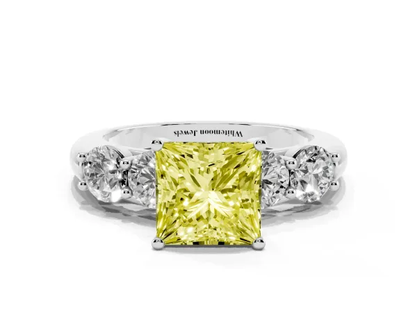 Fancy Yellow Princess Cut Cut Five-Stone Prong Set Diamond Ring with Classic Band Platinum