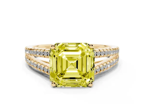 Fancy Yellow Asscher Cut Diamond Solitaire Engagement Ring with Split Shank Pavé Band Yellow gold
