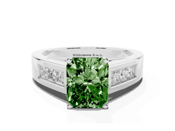 Fancy Green Radiant Cut Cut Channel Set Solitaire Ring with Four-Prong Setting White gold