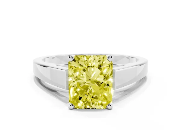 Fancy Yellow Radiant Cut Solitaire Engagement Ring with Four-Prong Setting and Tapered Band White gold