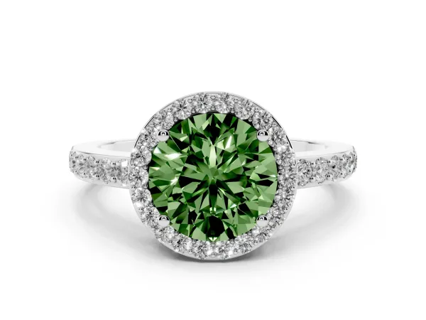 Fancy Green Round Cut Halo Diamond Pavé Band Ring with Prong Setting White gold