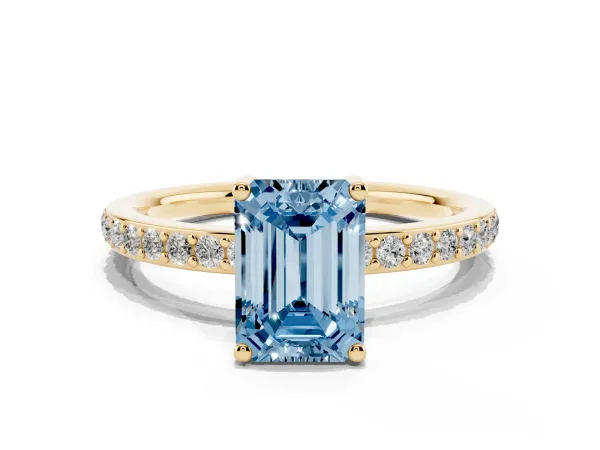 Fancy Blue Emerald Cut Cut Diamond Pavé Band Ring with Four-Prong Setting Yellow gold
