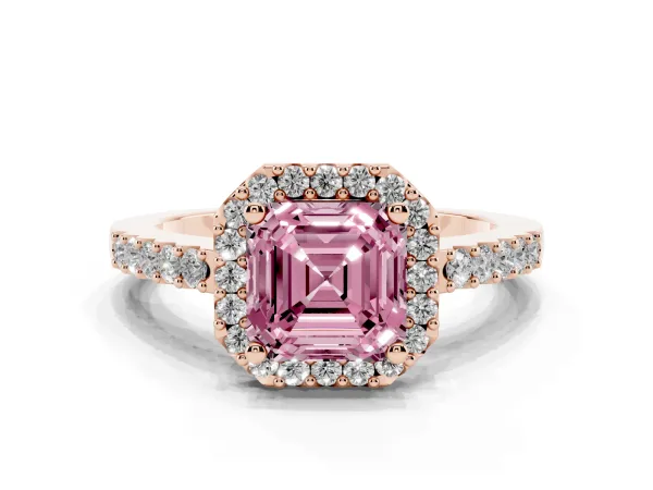 Fancy Pink Asscher Cut Halo Diamond Pavé Solitaire Ring Rose gold
