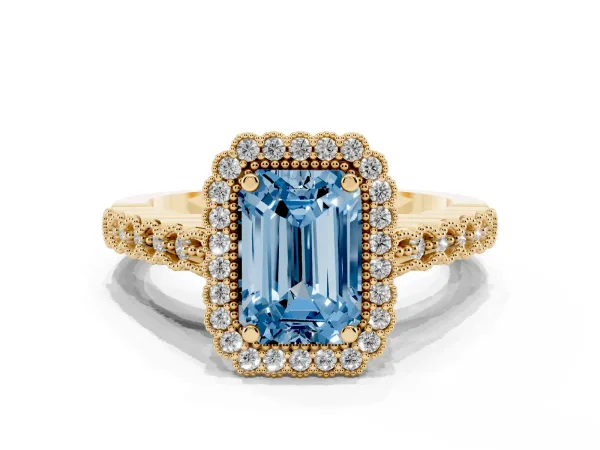 Fancy Blue Emerald Cut Cut Halo Pavé Solitaire Ring with Milgrain Band Yellow gold