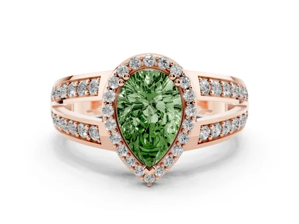 Fancy Green Pear Cut Diamond Halo Ring with Split Shank Pavé Band and Four-Prong Setting Rose gold