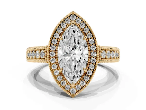 Marquise Cut Cut Halo Diamond Ring with Pavé Band and Four-Prong Setting Yellow gold