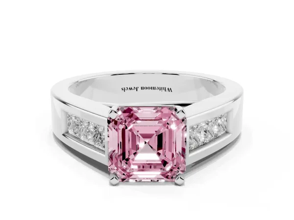Fancy Pink Asscher Cut Cut Channel Set Solitaire Ring with Four-Prong Setting White gold