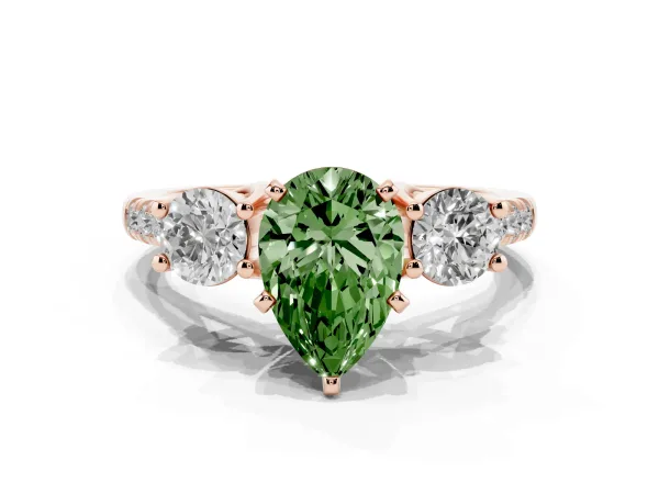 Fancy Green Three-Stone Pear Cut Diamond Pavé Band with Four-Prong Setting Rose gold