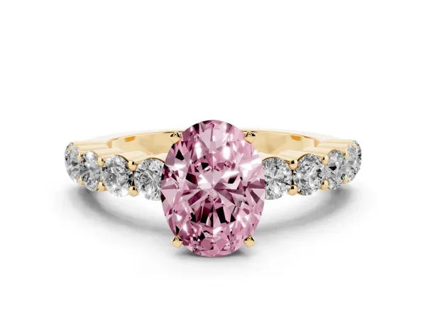 Fancy Pink Oval Cut Diamond Solitaire Ring with Shared Prong Round Side Stones Yellow gold