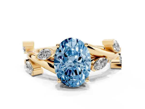 Fancy Blue Oval Cut Solitaire Twisted Band Marquise Accent Prong Setting Ring Yellow gold
