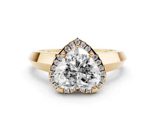 Heart Cut Halo Diamond Ring with Cathedral Band and Four-Prong Setting Yellow gold