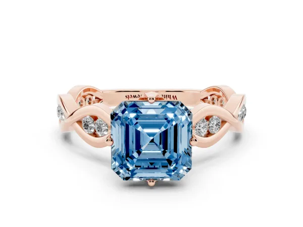 Fancy Blue Asscher Cut Solitaire Twist Band with Leaf Prong Setting Rose gold