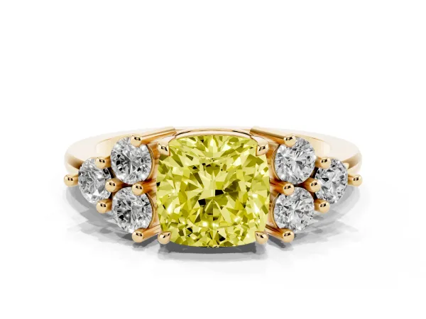 Fancy Yellow Cushion Cut Brilliant Diamond Cluster Accent Solitaire Ring with Prong Setting Yellow gold