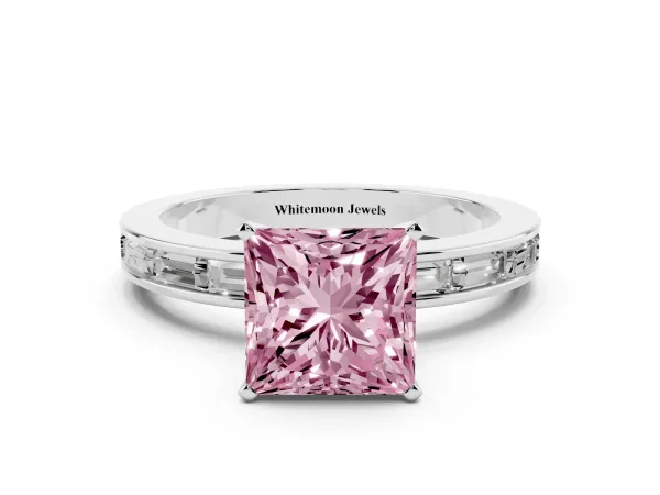 Fancy Pink Princess Cut Solitaire Diamond Ring with Channel-Set Baguette Band and Four-Prong Setting Platinum