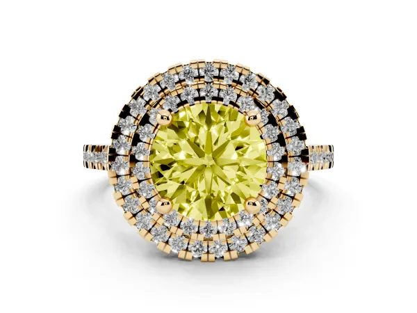 Fancy Yellow Double Halo Round Cut Diamond Pavé Band with Four-Prong Setting Yellow gold