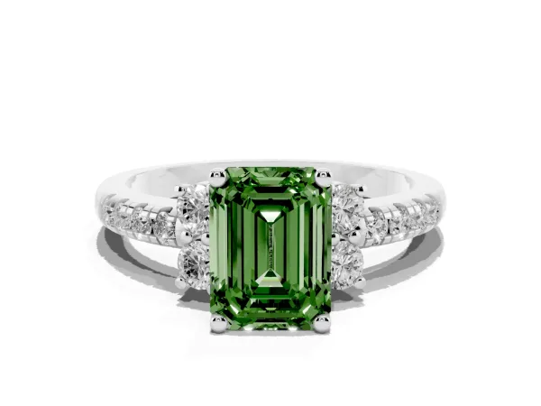 Fancy Green Emerald Cut Diamond Three-Stone Pave Band with Four-Prong Setting Platinum