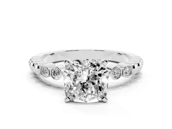 Cushion Cut Solitaire Bezel Accent Diamond Engagement Ring with Beaded Band and Four-Prong Setting White gold