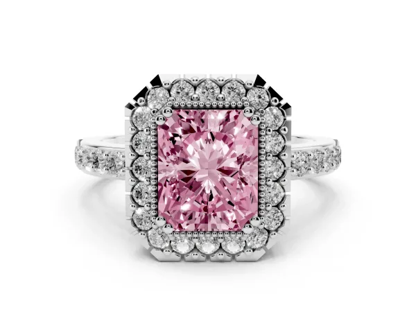 Fancy Pink Radiant Cut Diamond Halo Ring with Pavé Band and Prong Setting Platinum