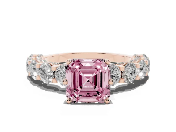 Fancy Pink Asscher Cut Diamond Side Stone Engagement Ring with Four-Prong Setting Rose gold