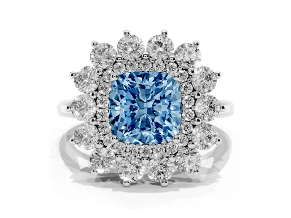 Fancy Blue Cushion Cut Diamond Floral Double Halo Engagement Ring with Prong Setting White gold