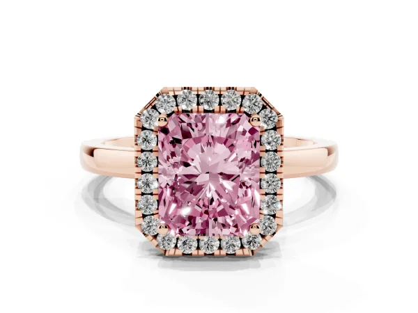 Fancy Pink Radiant Cut Halo Diamond Solitaire with Pavé Band and Four-Prong Setting Rose gold