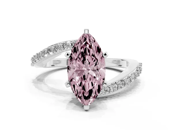 Fancy Pink Marquise Cut Solitaire Twist Band with Pave Set Diamonds and Four-Prong Setting Platinum